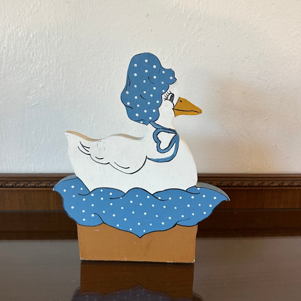 Vintage Hand Painted Wooden Goose Figurine Blue Polka Dot Bonnet Country Decor